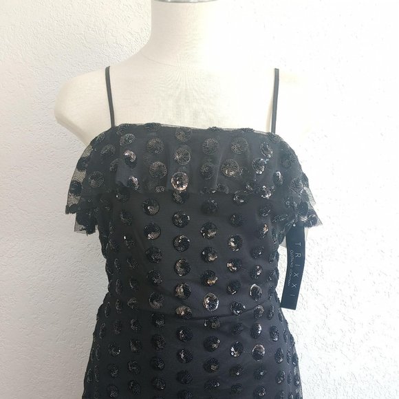 NWT Trixxi Sequined Flounce Sequin Polka Dot Black Mini Party Dress 1 Junior - Picture 3 of 8